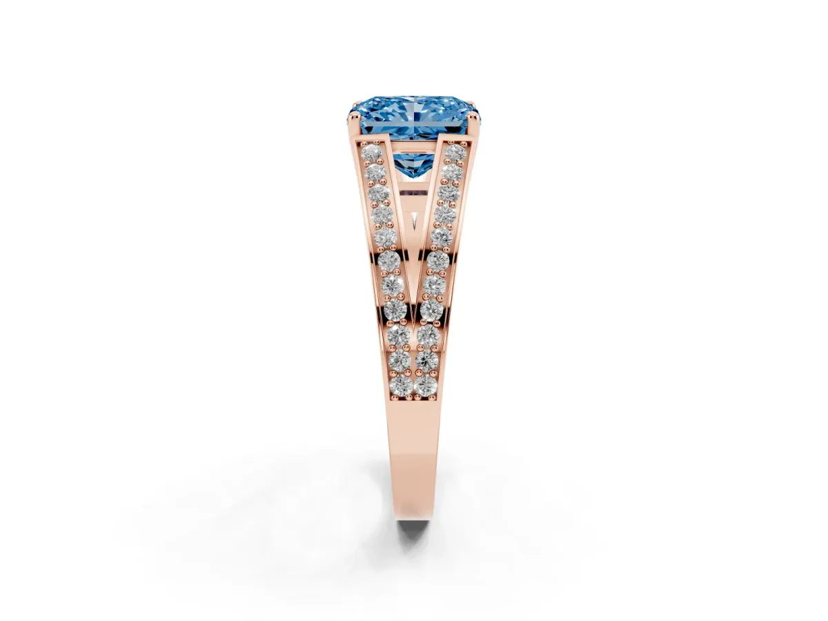 Fancy Blue Radiant Cut Diamond Split Shank Ring with Pavé Band and Four-Prong Setting Rose gold