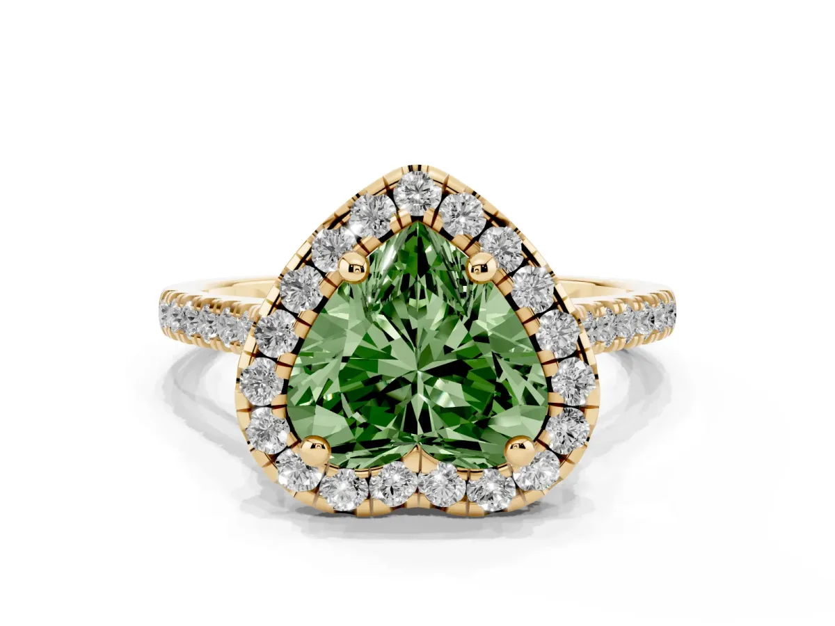 Fancy Green Heart Cut Diamond Cushion Halo Ring with Pavé Band Yellow gold