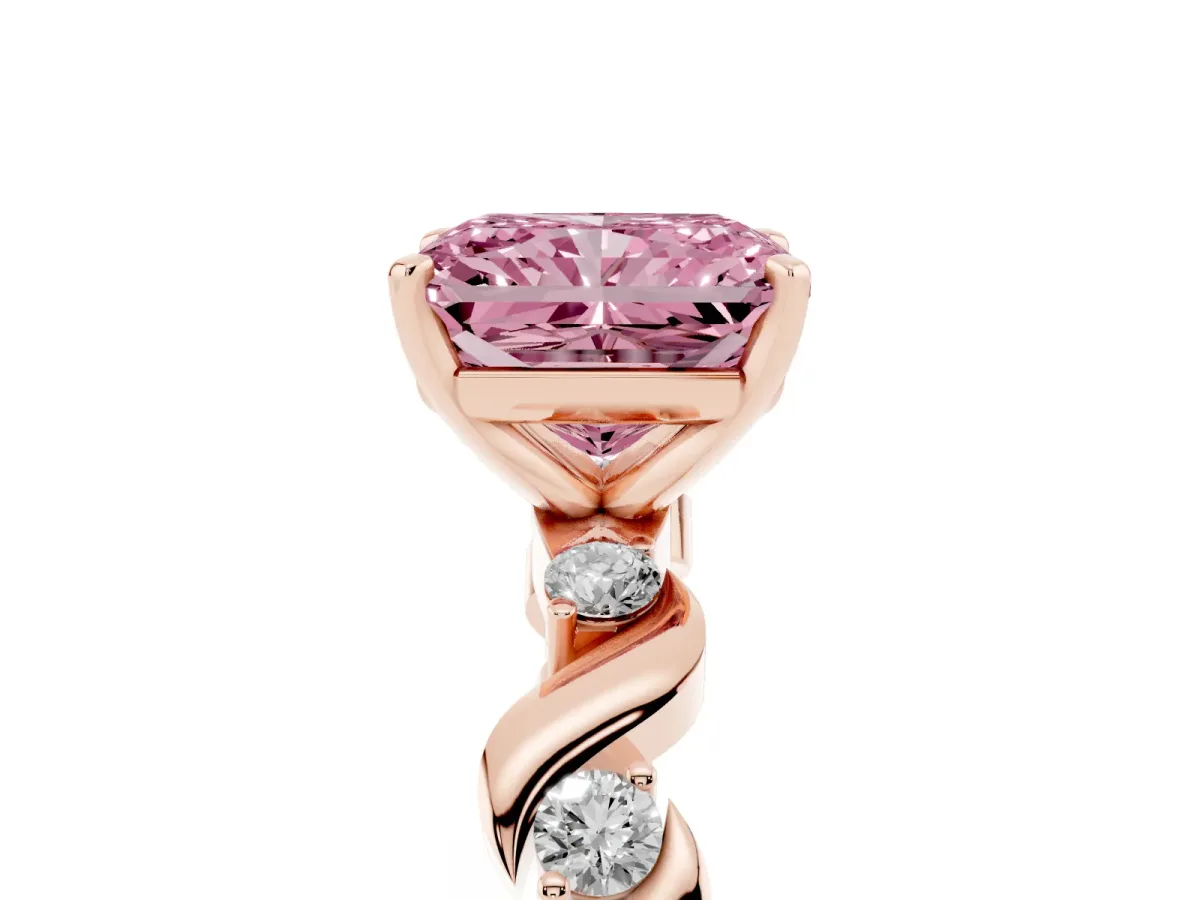 Fancy Pink Radiant Cut Diamond Solitaire Twisted Band with Round Accents and Prong Setting Rose gold
