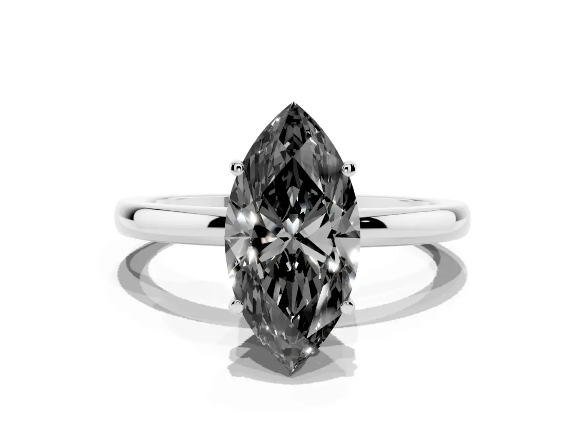 Fancy Black Marquise Cut Solitaire Diamond Ring with Prong Setting and Plain Band White gold
