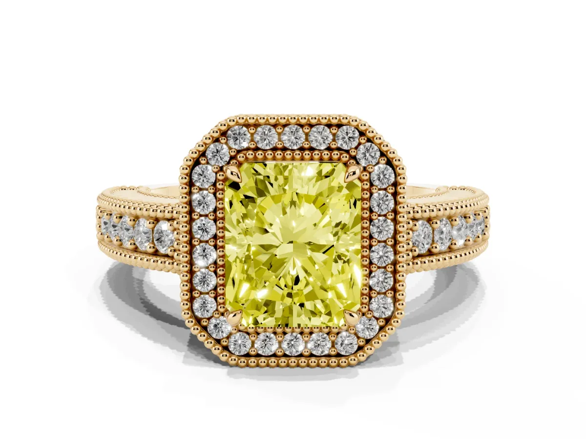 Fancy Yellow Radiant Cut Cut Halo Diamond Ring with Pavé Band and Four-Prong Setting Yellow gold