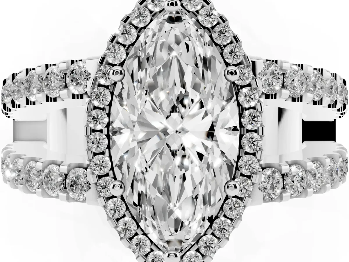 Marquise Cut Cut Halo Split Shank Diamond Ring with Four-Prong Setting Silver