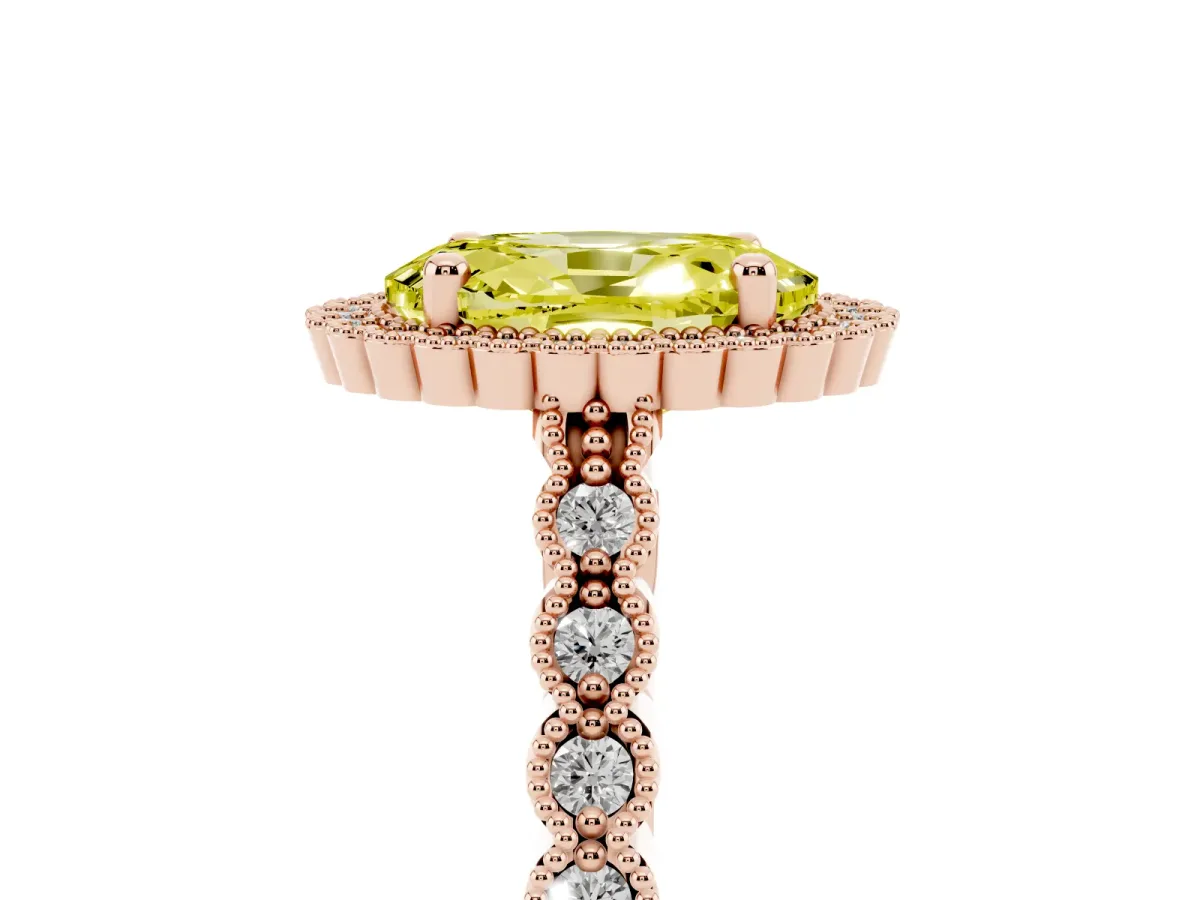 Fancy Yellow Oval Cut Cut Halo Pavé Solitaire Ring with Milgrain Band Rose gold