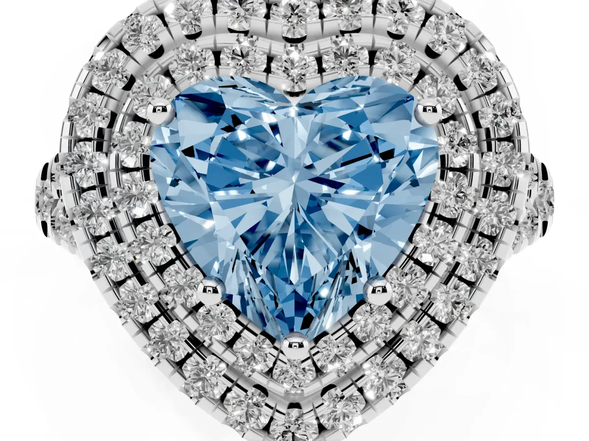 Fancy Blue Double Halo Heart Cut Diamond Pavé Split Shank Ring with Prong Setting Platinum