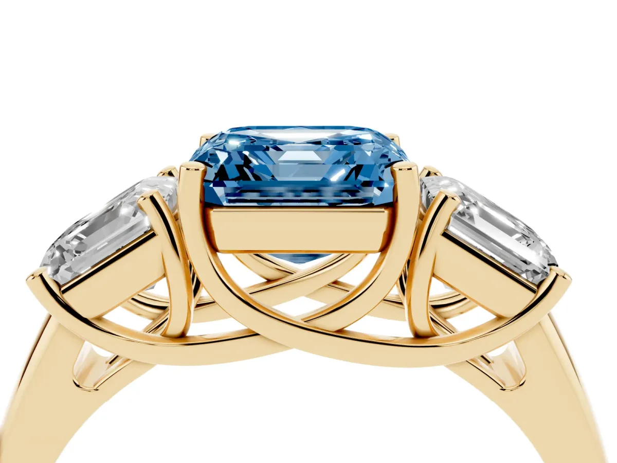 Fancy Blue Three-Stone Asscher Cut Diamond Engagement Ring with Prong Setting Yellow gold