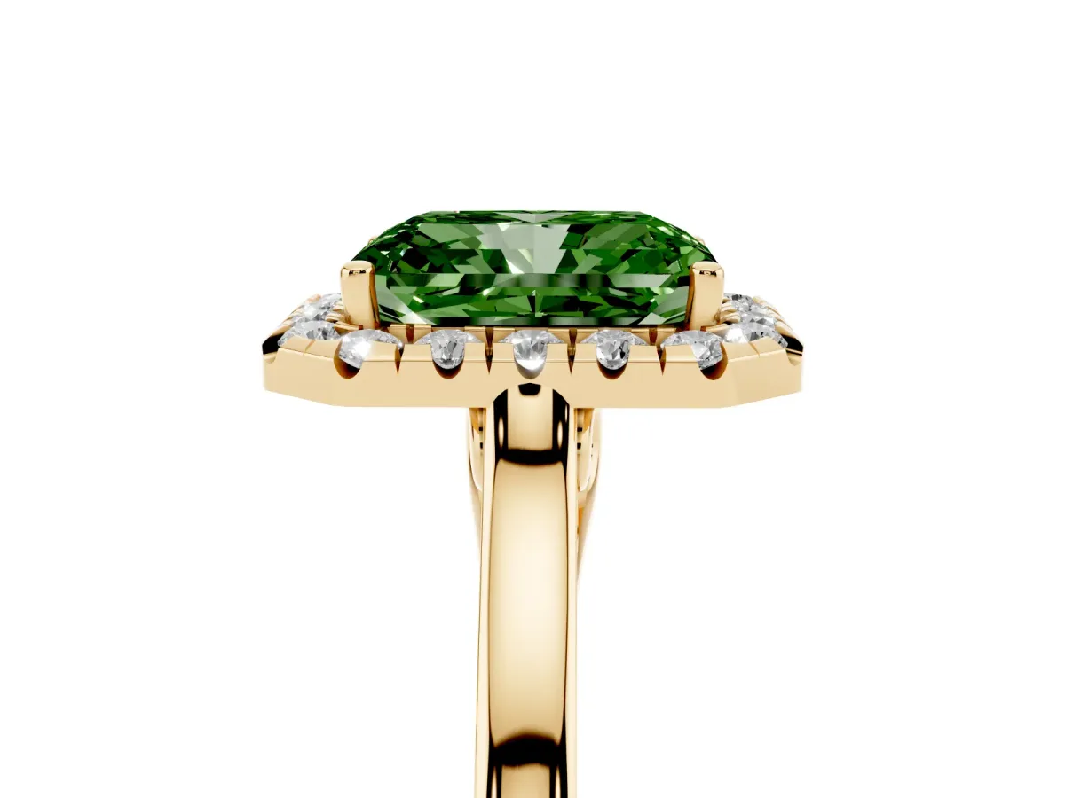 Fancy Green Radiant Cut Halo Round Diamond Solitaire Ring with Pavé Band and Four-Prong Setting Yellow gold