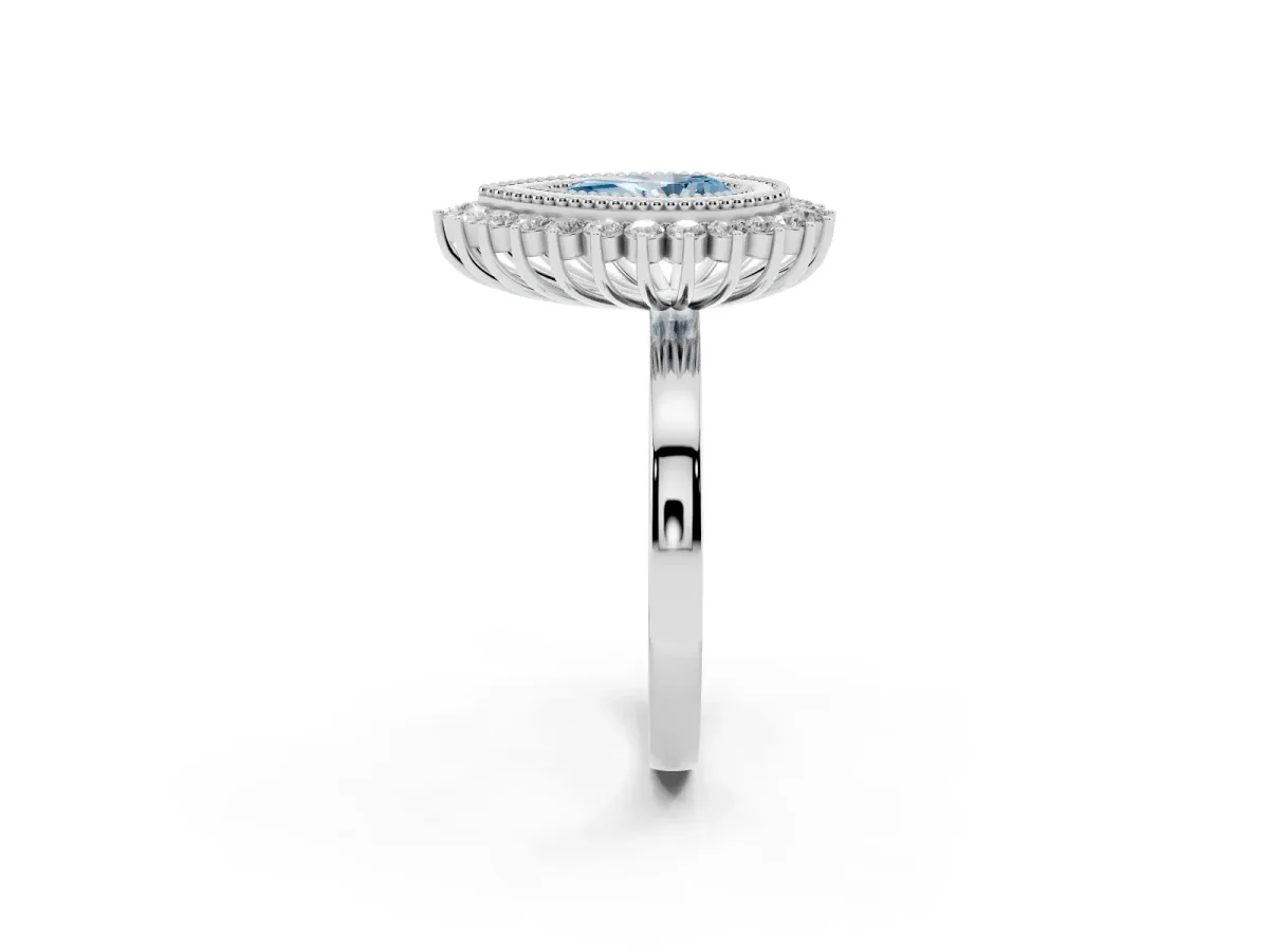 Fancy Blue Pear Cut Halo Diamond Ring with Milgrain Edge and Round Prong Setting Silver
