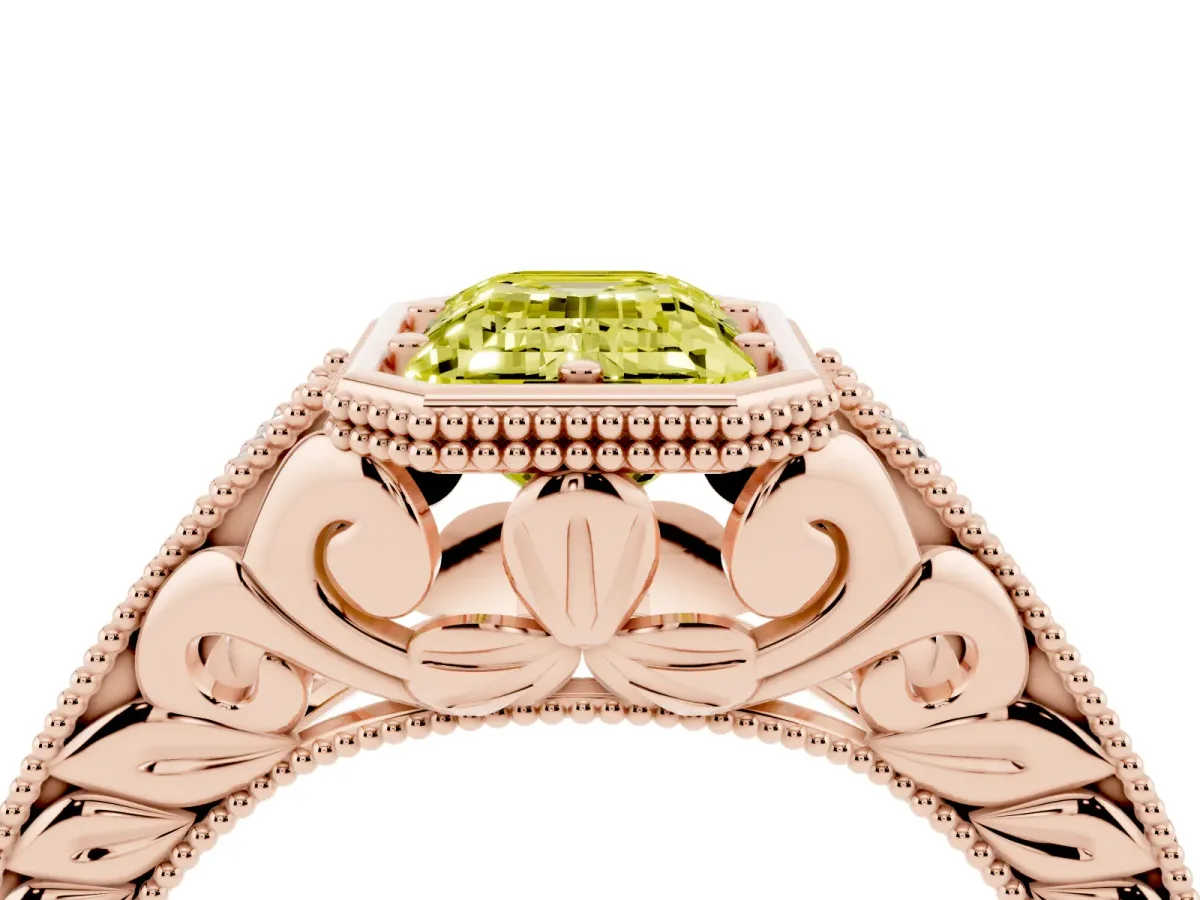 Fancy Yellow Bezel Set Emerald Cut Diamond Milgrain Pave Engagement Ring Rose gold