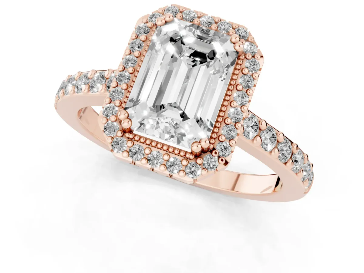 Emerald Cut Cut Diamond Halo Engagement Ring with Milgrain Detail and Pavé Band Rose gold