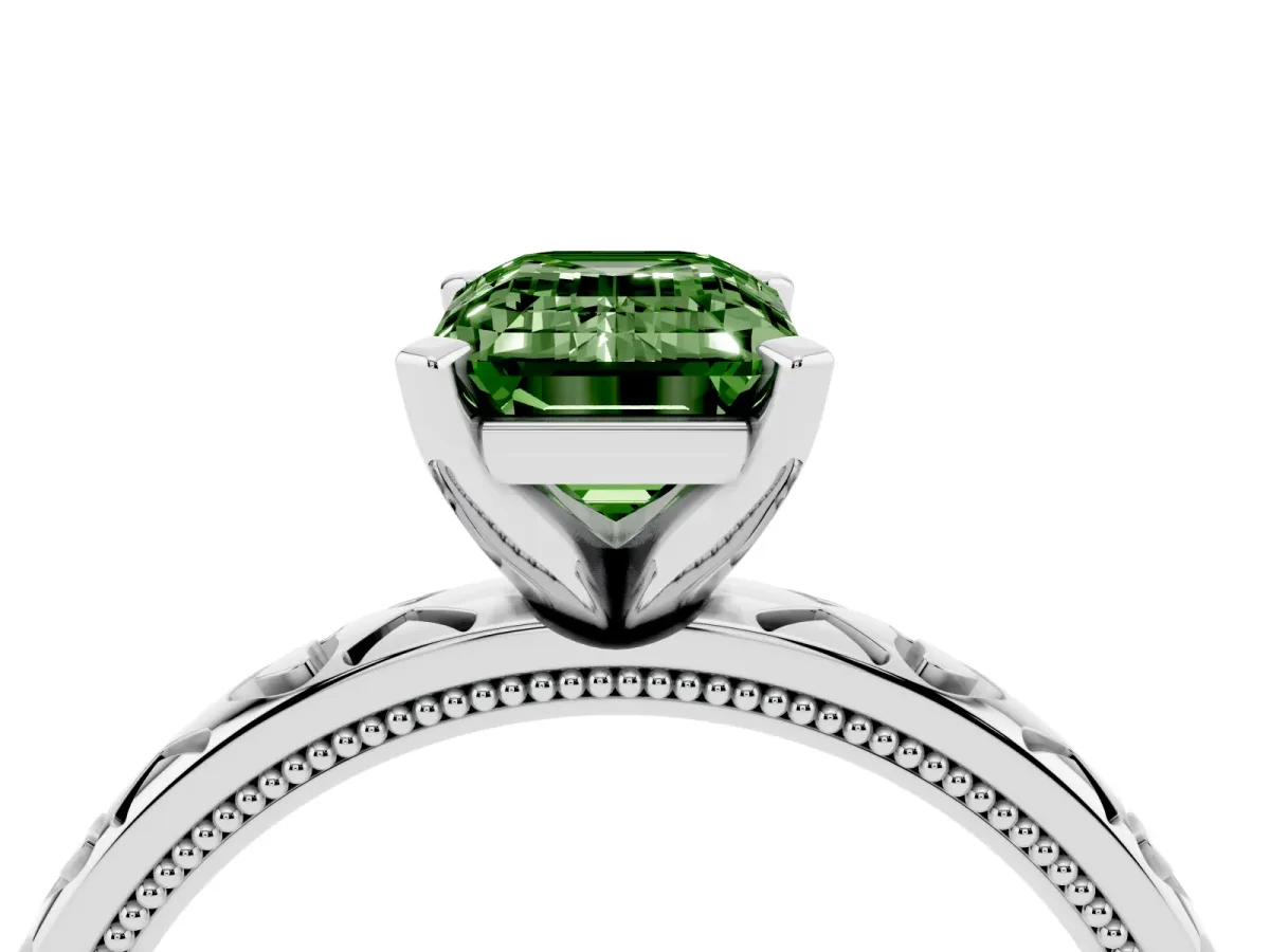 Fancy Green Emerald Cut Solitaire Diamond Engagement Ring with XO Engraved Band and Four-Prong Setting Platinum