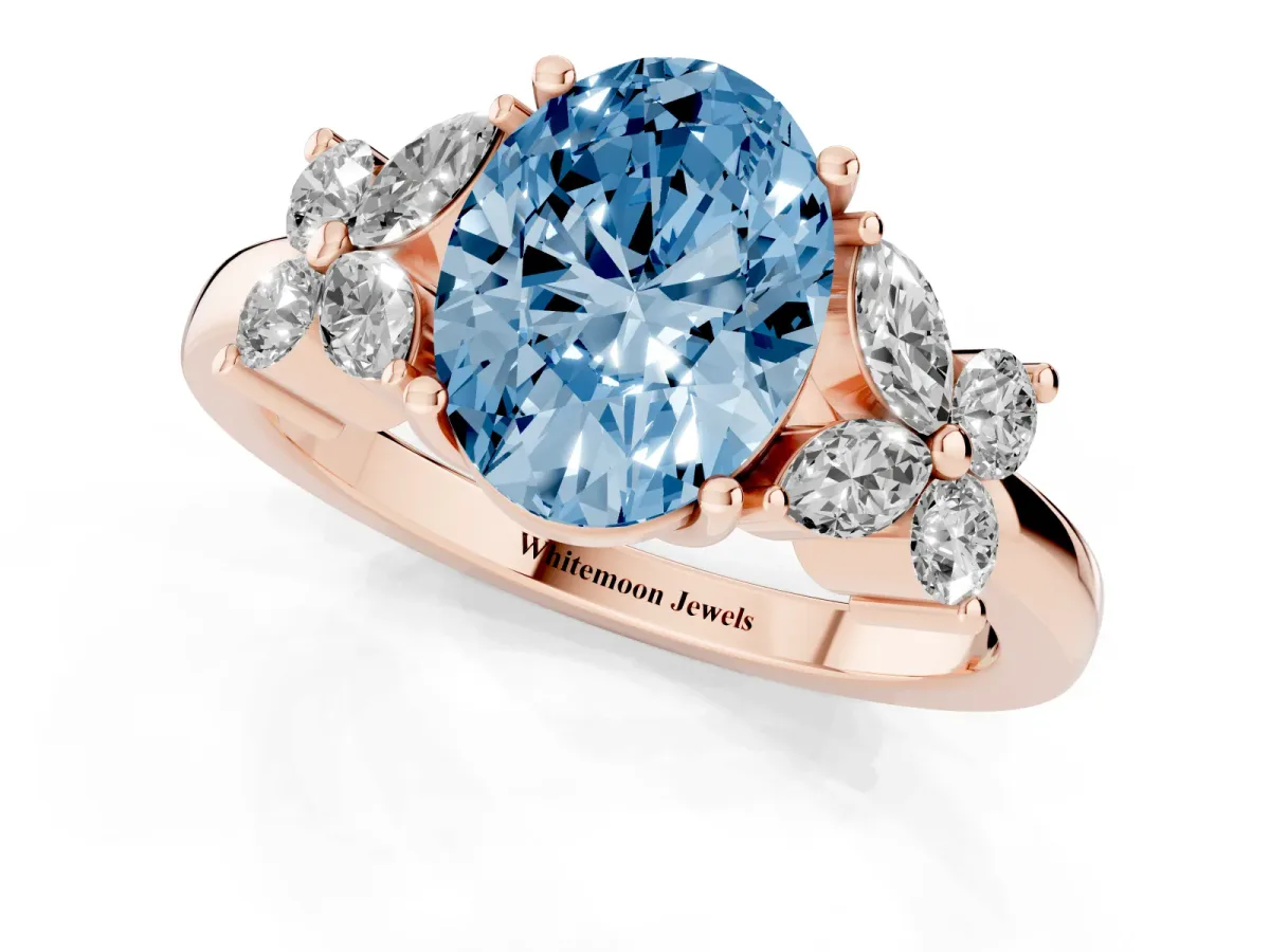 Fancy Blue Oval Cut Diamond Floral Cluster Ring with Solitaire Band and Prong Setting Rose gold