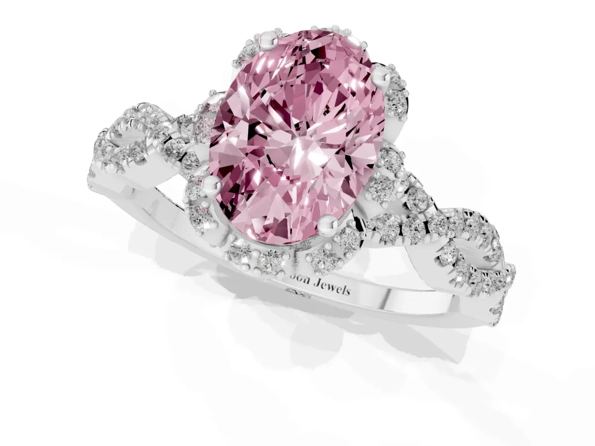 Fancy Pink Oval Cut Halo Twist Band Solitaire Ring with Six-Prong Setting Silver