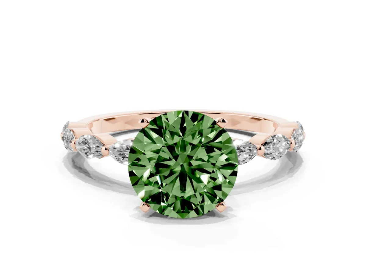 Fancy Green Round Cut Diamond Ring with Marquise Side Stones and Prong Setting Rose gold
