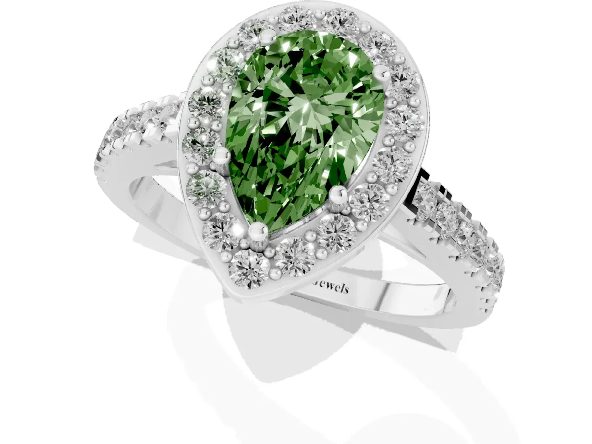 Fancy Green Pear Cut Diamond Halo Ring with Round Pavé Split Shank and Prong Setting Silver