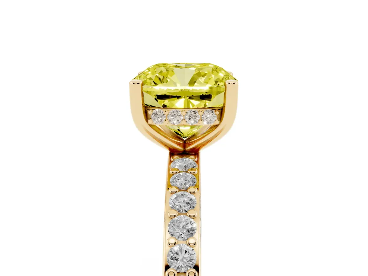 Fancy Yellow Cushion Cut Cut Diamond Pavé Band Ring with Four-Prong Setting Yellow gold