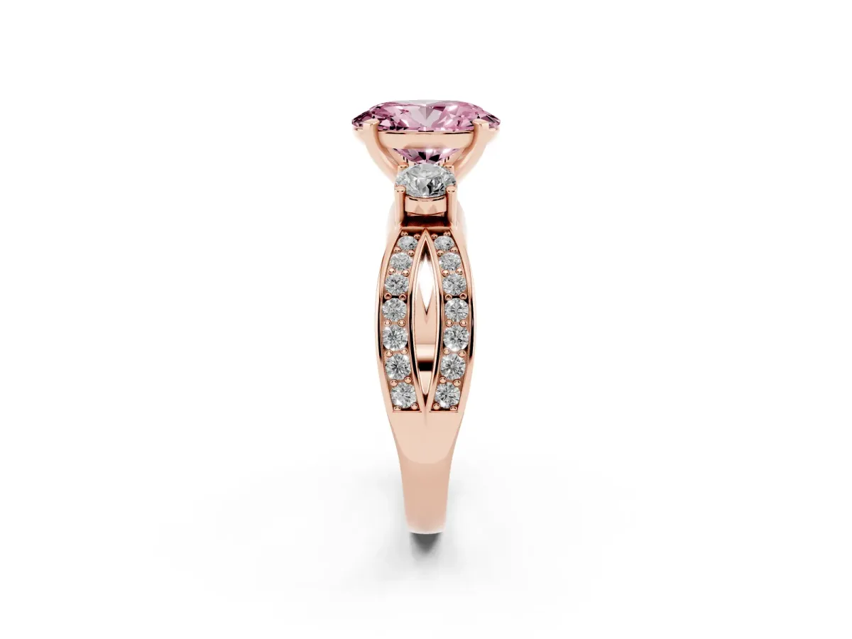 Fancy Pink Three-Stone Oval Cut Cut Diamond Twist Band with Prong Setting Rose gold
