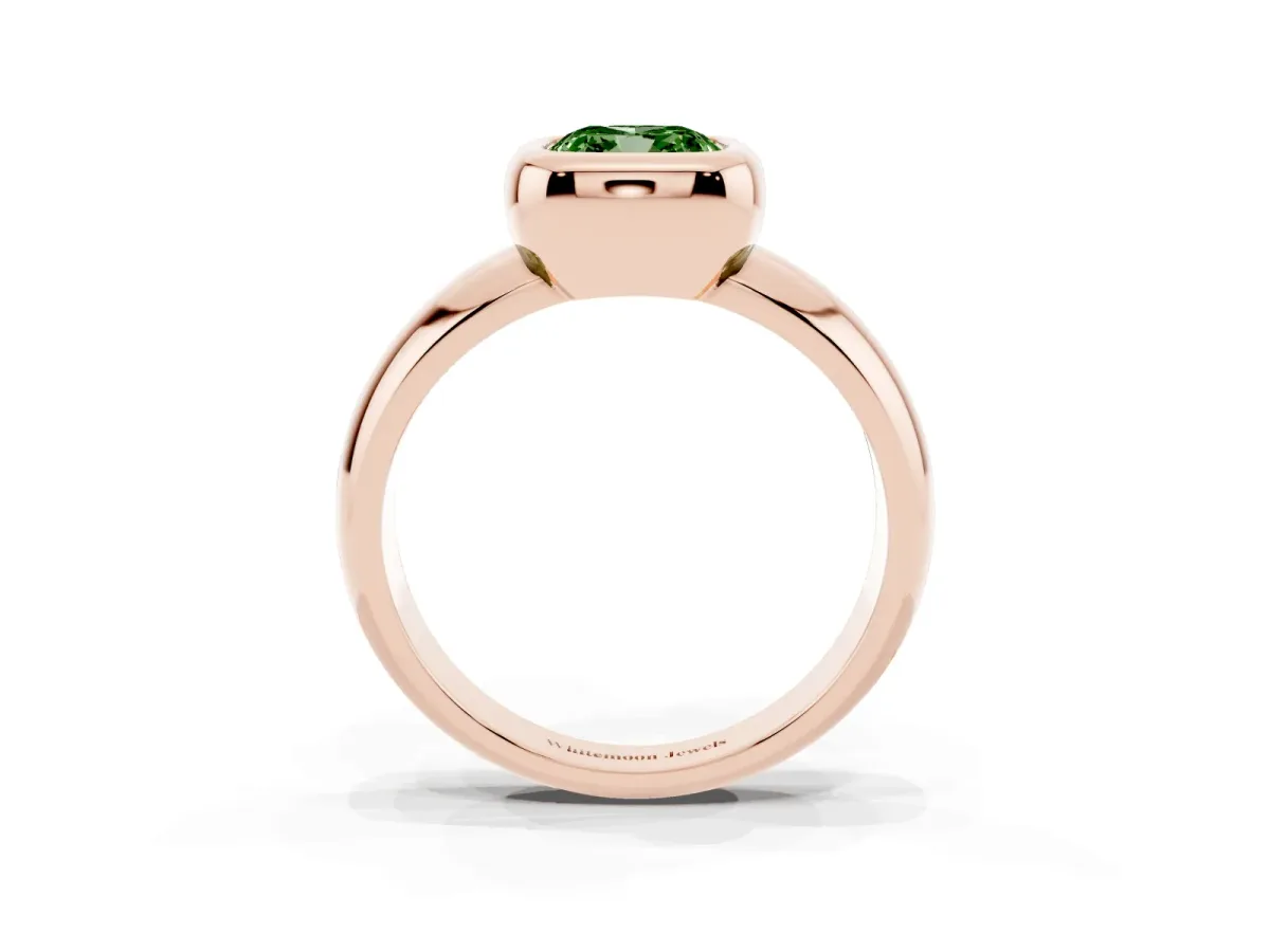 Fancy Green Bezel Set Cushion Cut Solitaire Ring with Wide Band Rose gold