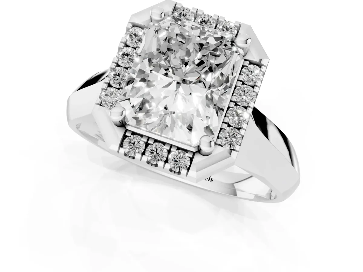 Radiant Cut Cut Halo Solitaire Engagement Ring with Square Band and Four-Prong Setting Platinum