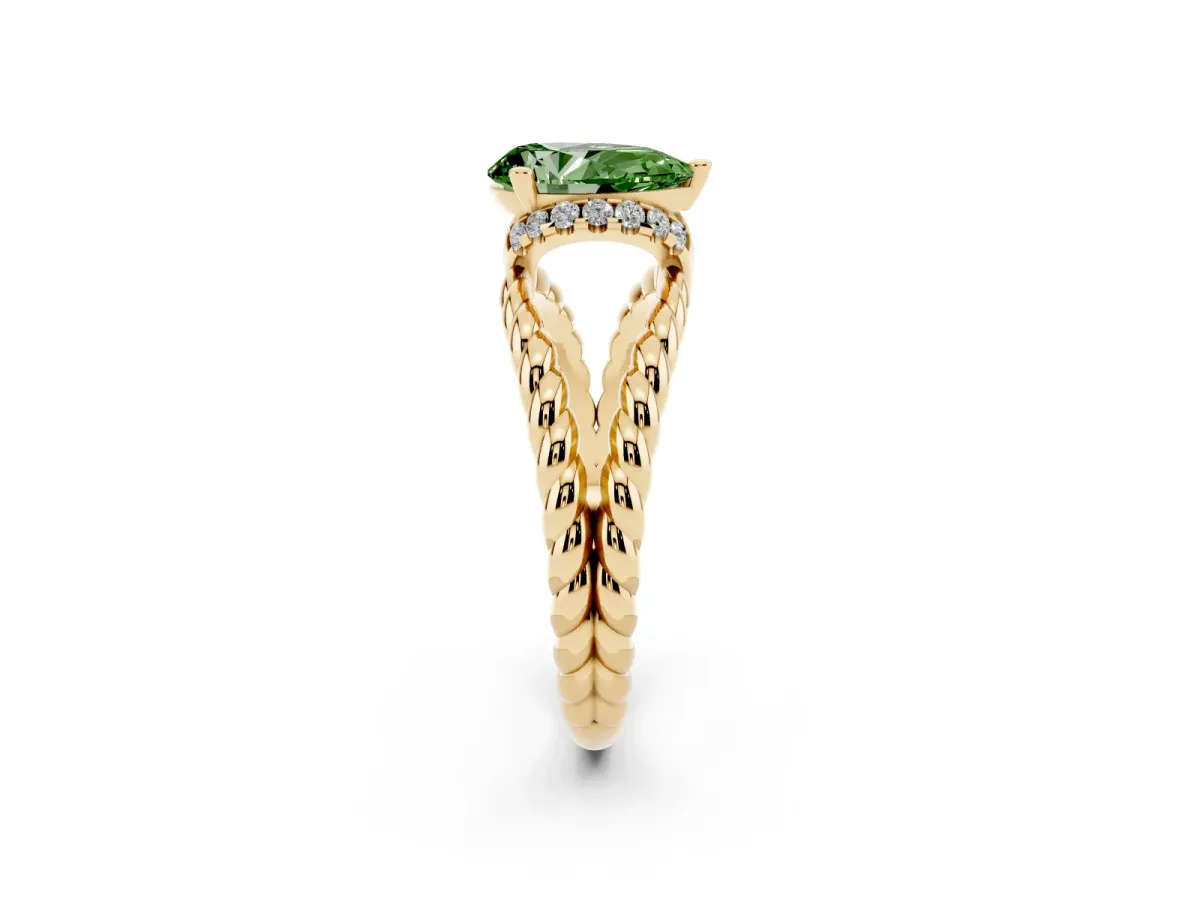 Fancy Green Pear Cut Halo Twisted Band Four-Prong Ring Yellow gold