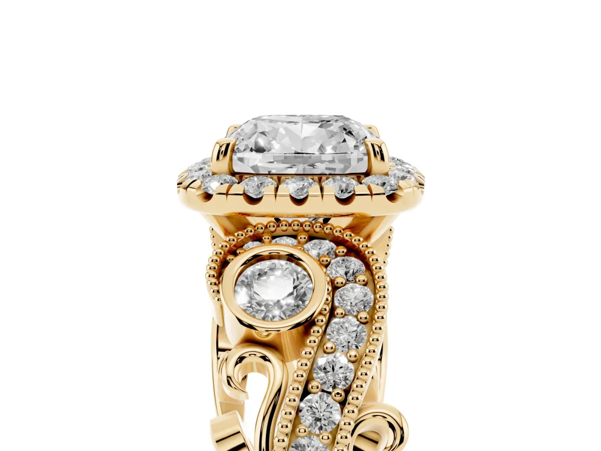 Cushion Cut Diamond Halo Ring with Milgrain Pavé Band and Four-Prong Setting Yellow gold