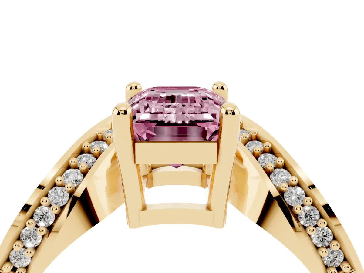 Fancy Pink Emerald Cut Solitaire Diamond Engagement Ring with Pave Band and Four-Prong Setting Yellow gold