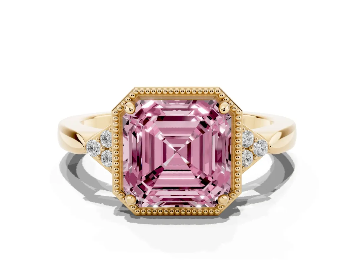 Fancy Pink Hexagonal Halo Asscher Cut Diamond Solitaire with Pavé Band and Four-Prong Setting Yellow gold