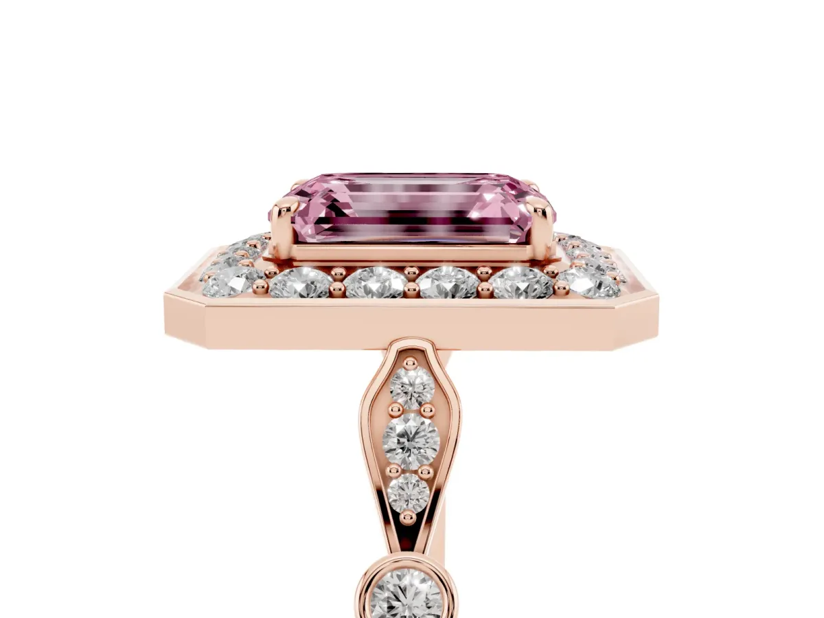 Fancy Pink Emerald Cut Halo Diamond Engagement Ring with Twisted Band and Four-Prong Setting Rose gold