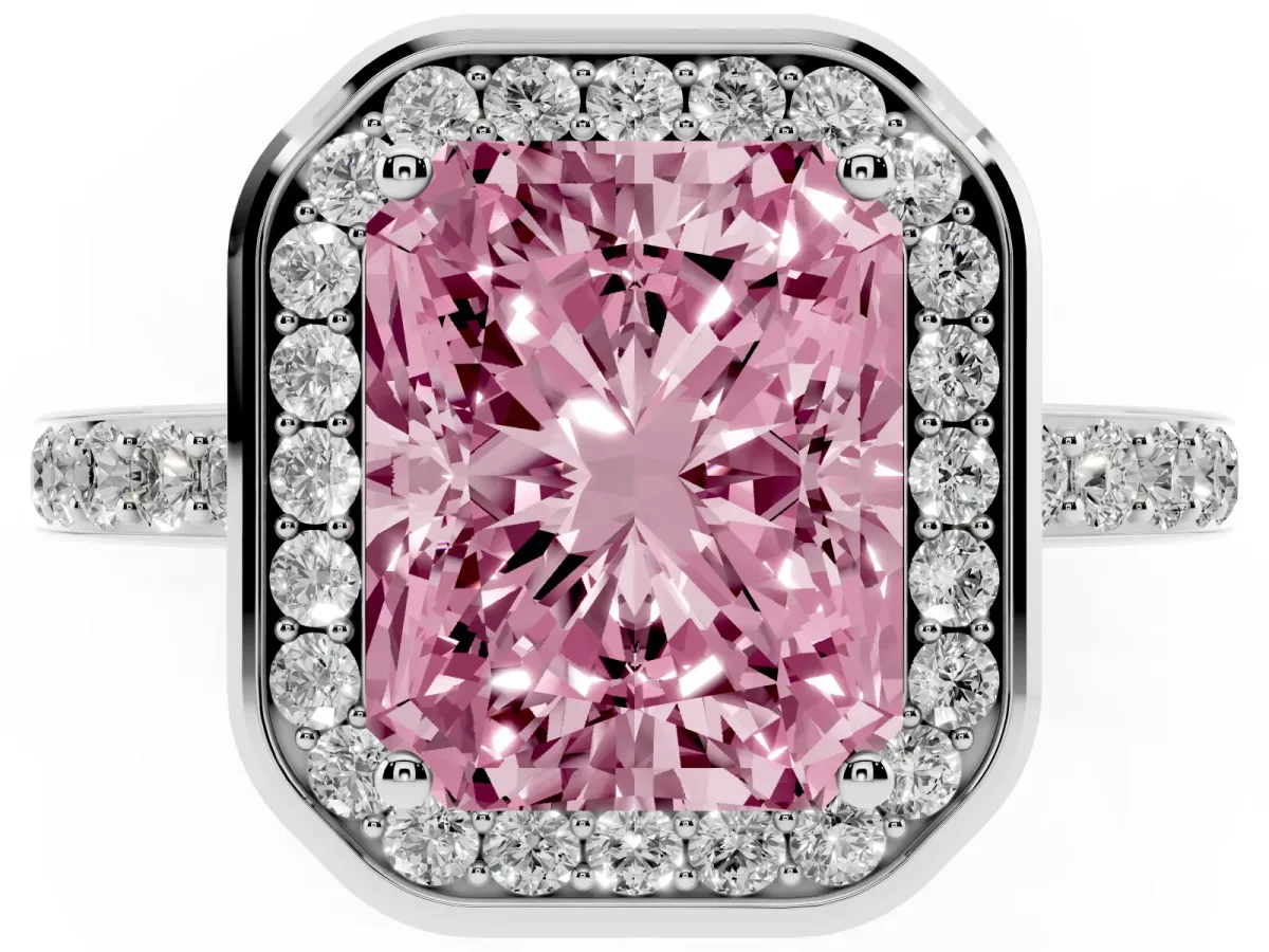 Fancy Pink Radiant Cut Diamond Halo Ring with Bezel Frame and Pavé Band Silver