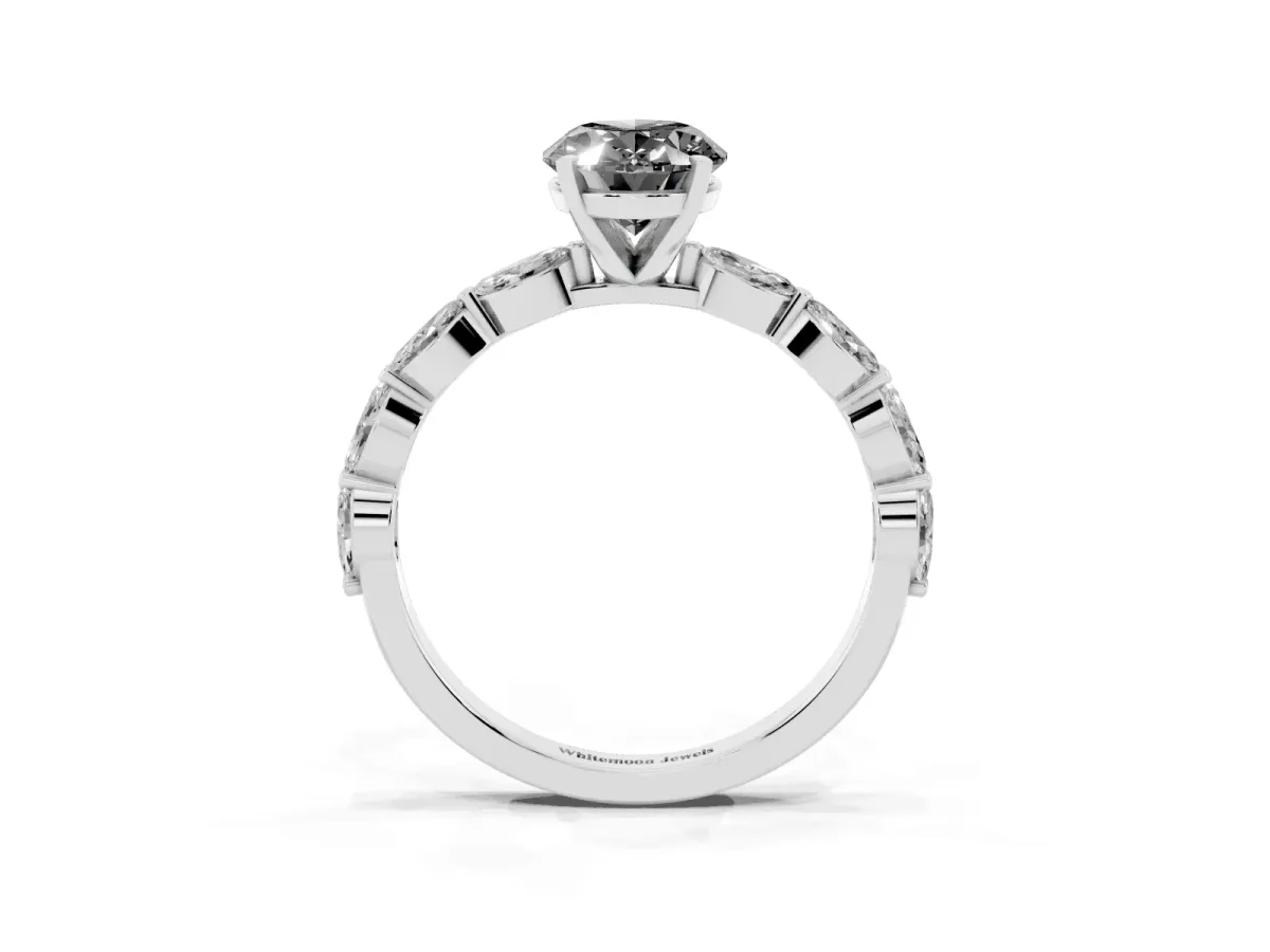 Fancy Black Oval Cut Diamond Ring with Marquise Side Stones and Prong Setting Silver