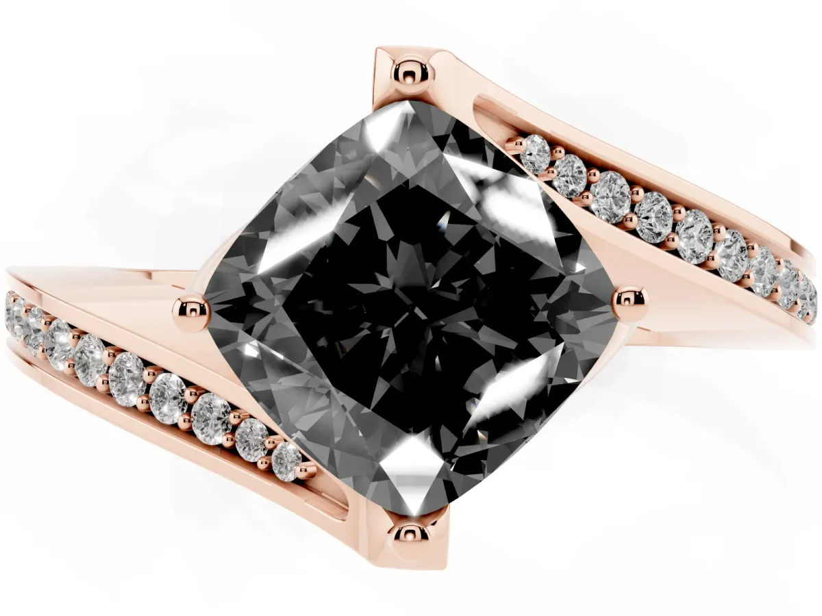 Fancy Black Cushion Cut Solitaire Diamond Twist Band with Pavé Setting and Four-Prong Setting Rose gold