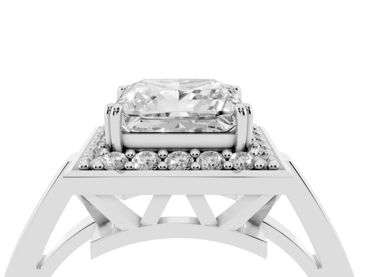 Princess Cut Diamond Halo Ring with Split Shank and Four-Prong Setting White gold