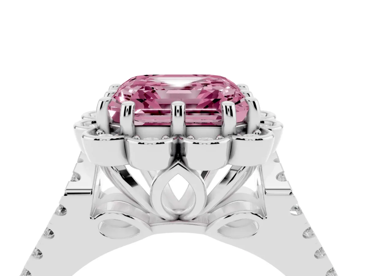 Fancy Pink Asscher Cut Halo Diamond Floral Split Shank Engagement Ring Silver