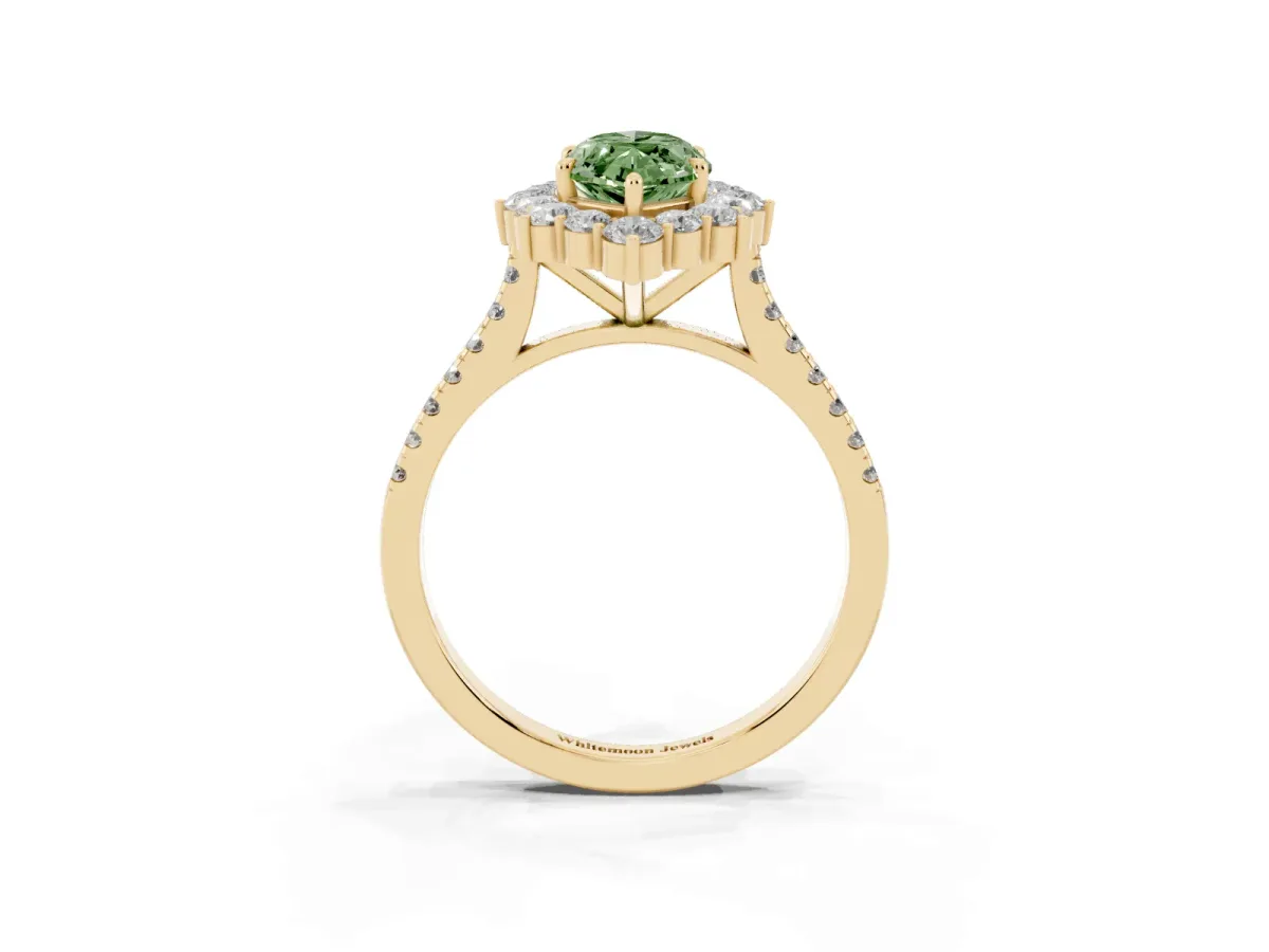 Fancy Green Marquise Cut Halo Diamond Ring with Pavé Band and Prong Setting Yellow gold