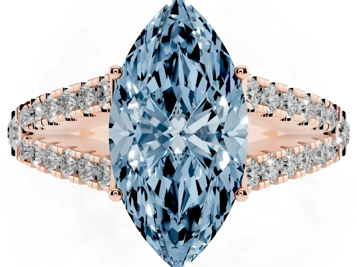 Fancy Blue Marquise Cut Diamond Split Shank Engagement Ring with Round Pavé and Prong Setting Rose gold