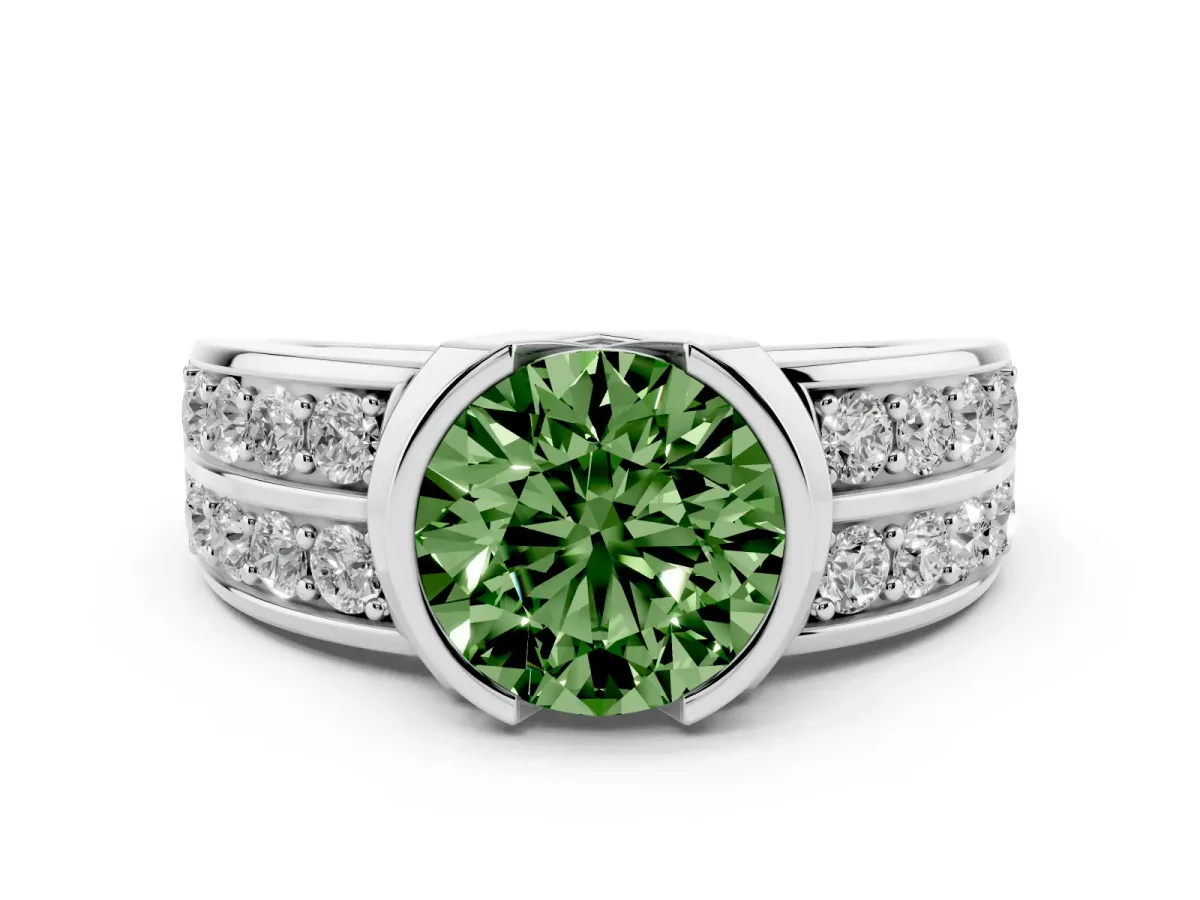 Fancy Green Round Cut Brilliant Diamond Channel Set Wide Band Ring with Bezel Setting Platinum