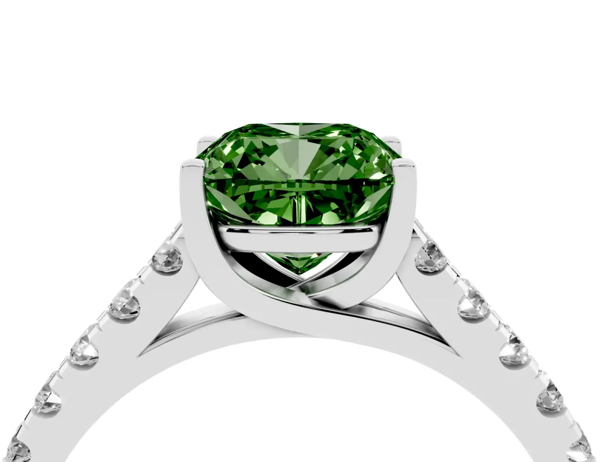 Fancy Green Cushion Cut Diamond Pavé Band Solitaire Ring with Prong Setting Silver