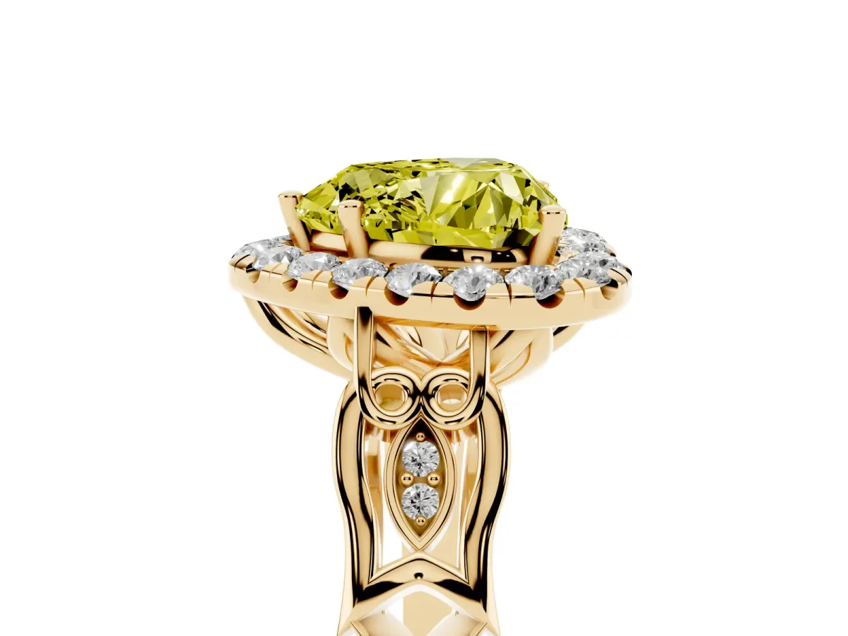 Fancy Yellow Heart Cut Halo Diamond Engagement Ring with Filigree Band and Four-Prong Setting Yellow gold