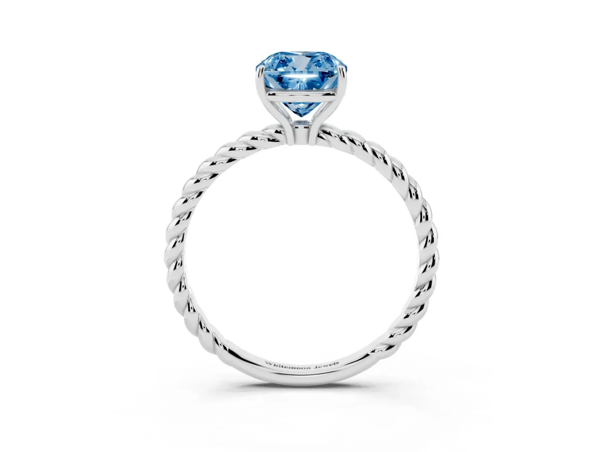 Fancy Blue Cushion Cut Solitaire Twist Band Ring with Four-Prong Setting Platinum