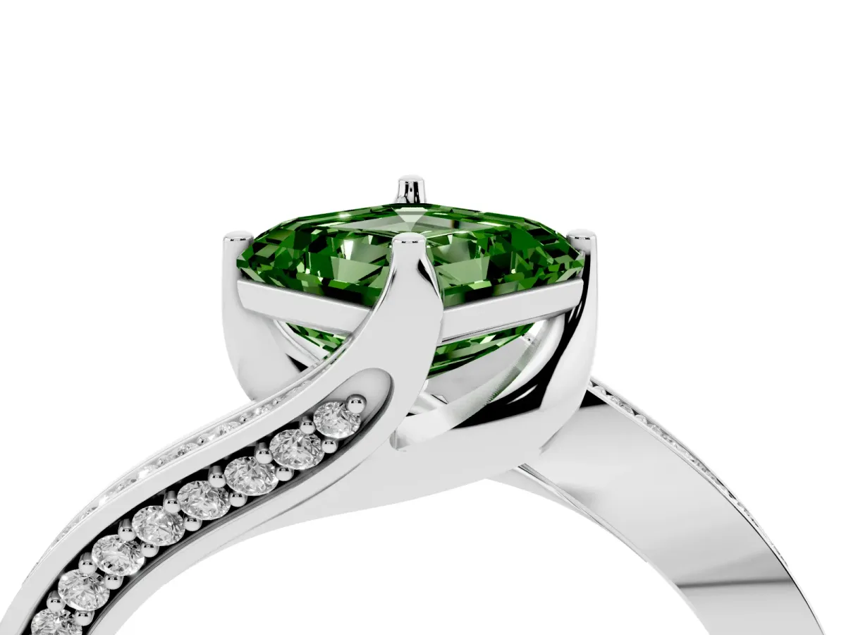 Fancy Green Asscher Cut Solitaire Diamond Twist Band with Pavé Setting and Four-Prong Setting Silver