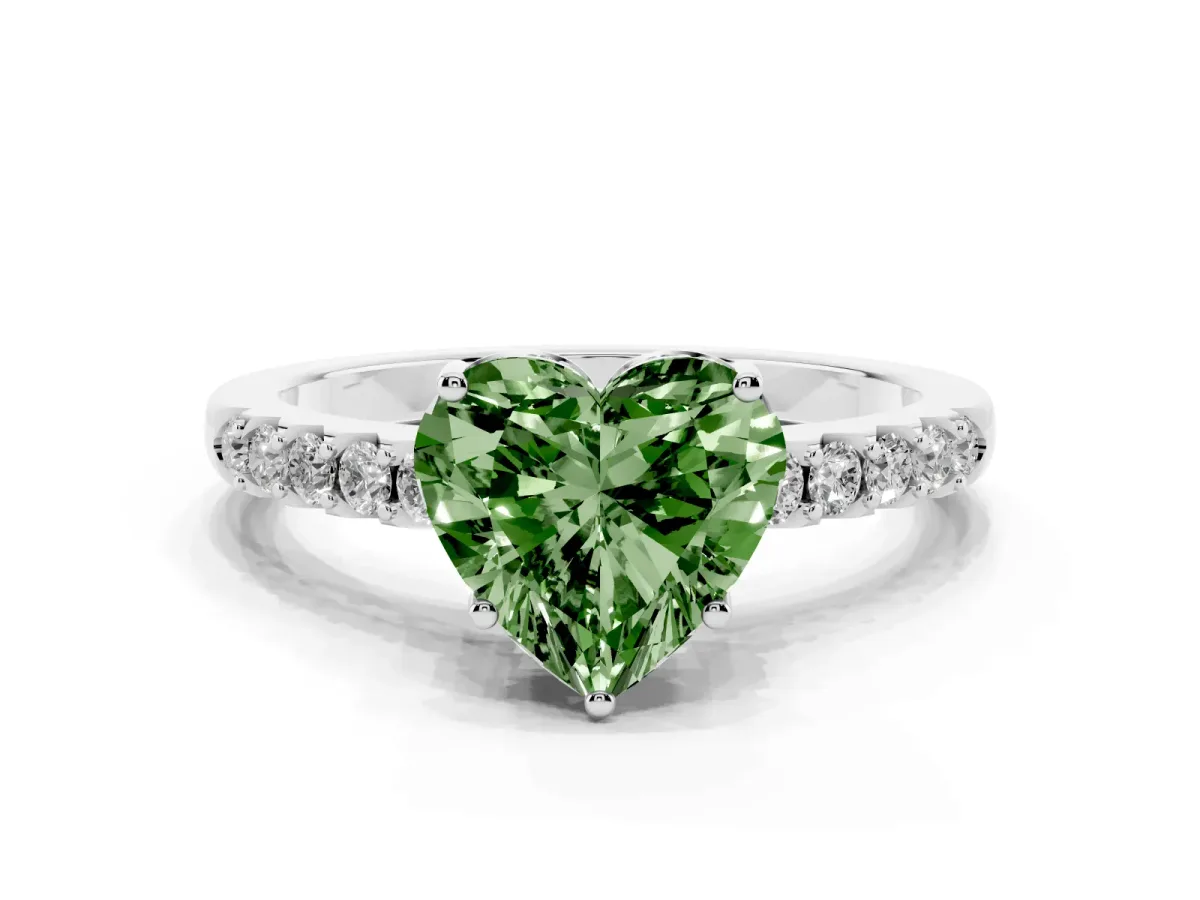 Fancy Green Heart Cut Solitaire Diamond Engagement Ring with Pavé Band and Six-Prong Setting White gold
