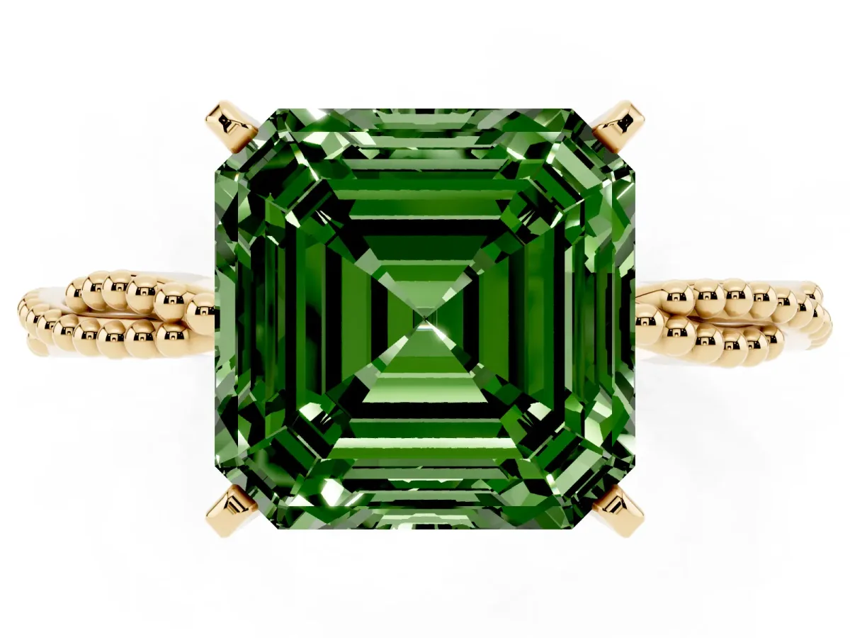 Fancy Green Asscher Cut Solitaire Twisted Band with Bead Prong Setting Yellow gold