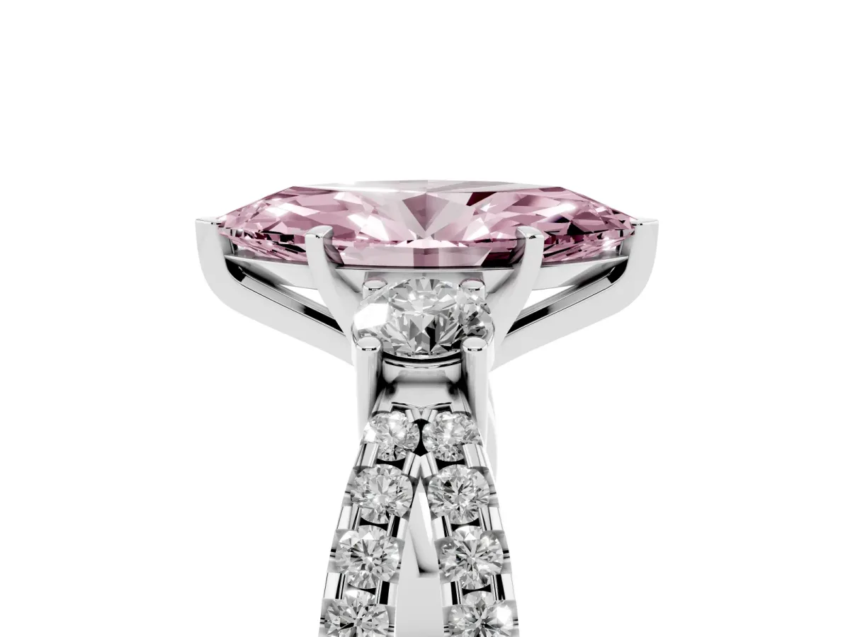 Fancy Pink Marquise Cut Diamond Three-Stone Ring with Pavé Split Shank and Four-Prong Setting Silver