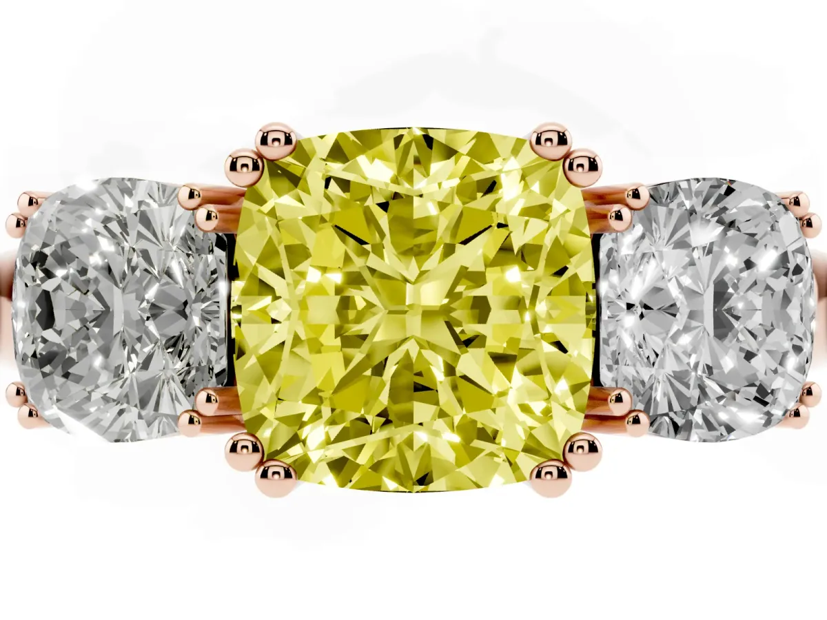 Fancy Yellow Three-Stone Cushion Cut Cut Diamond Ring with Channel Set Band and Four-Prong Setting Rose gold