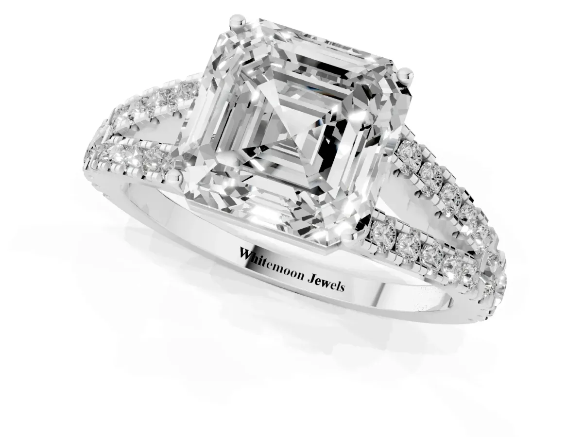 Asscher Cut Diamond Split Shank Pavé Engagement Ring with Four-Prong Setting Silver