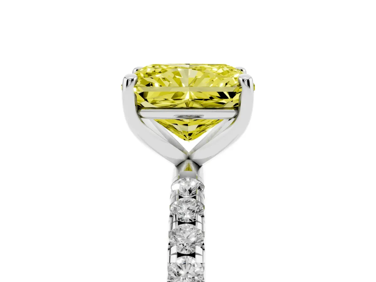 Fancy Yellow Radiant Cut Cut Diamond Solitaire Ring with Micro Pave Band and Four Prong Setting Silver