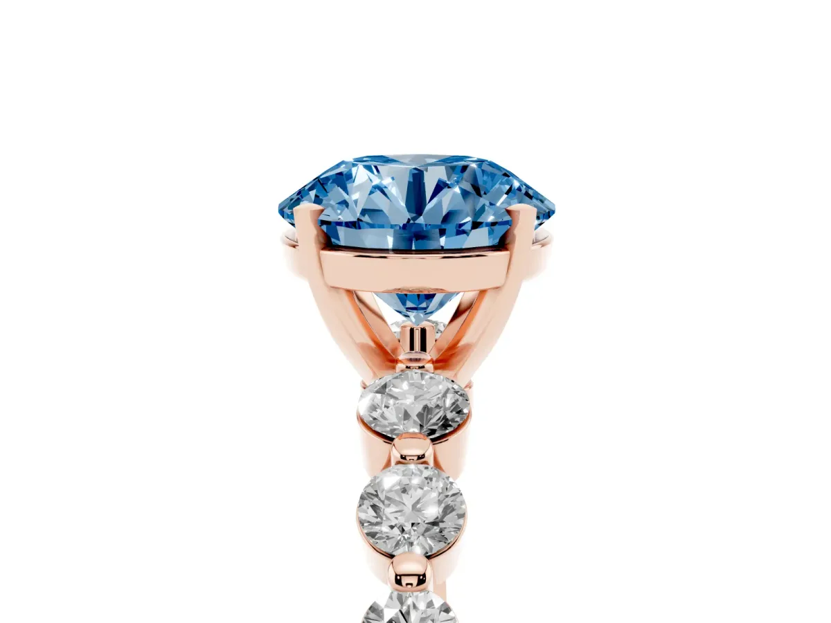 Fancy Blue Round Cut Solitaire Diamond Ring with Pave Band and Four-Prong Setting Rose gold