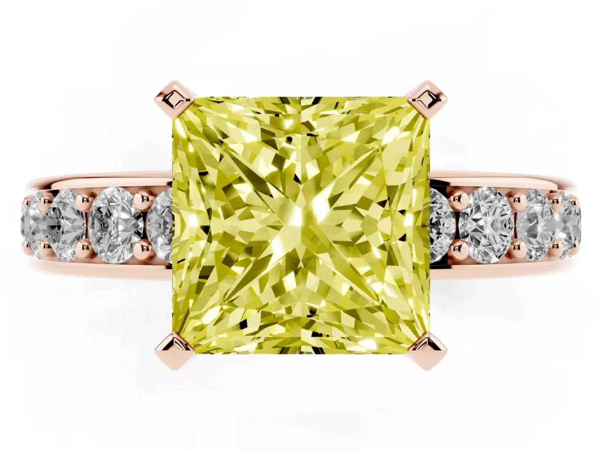 Fancy Yellow Princess Cut Diamond Engagement Ring with Channel Set Round Band and Prong Setting Rose gold