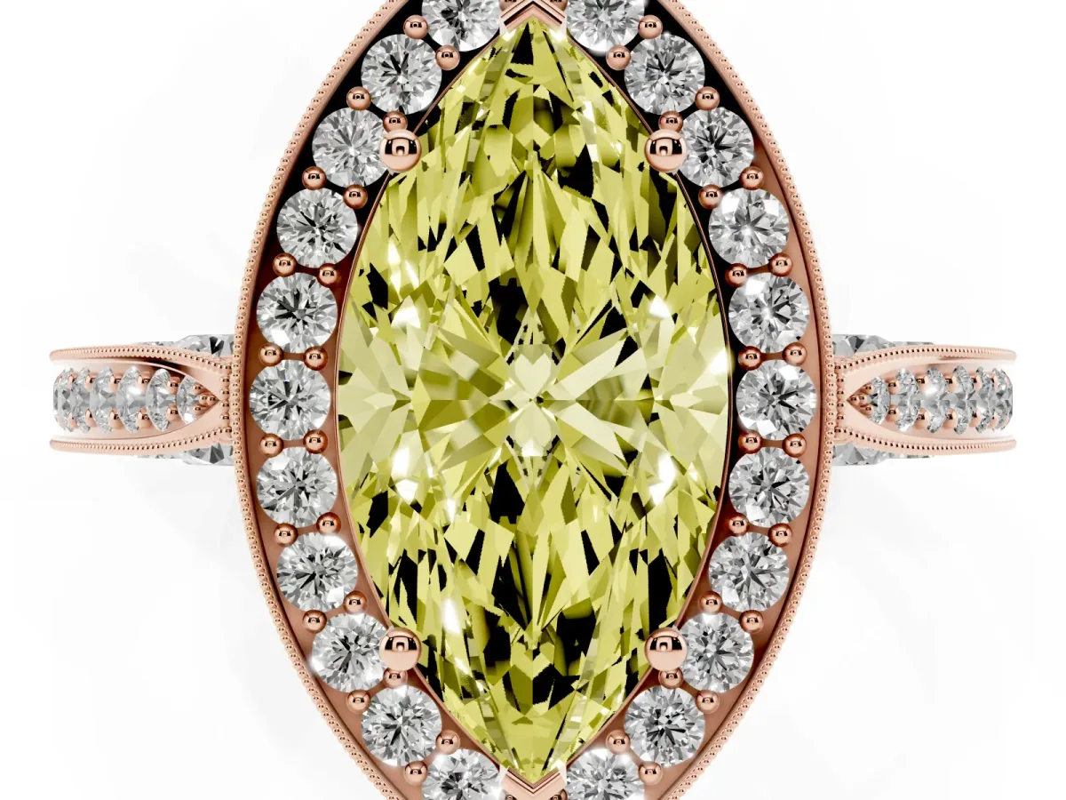 Fancy Yellow Marquise Cut Halo Diamond Engagement Ring with Split Shank Band and Four-Prong Setting Rose gold