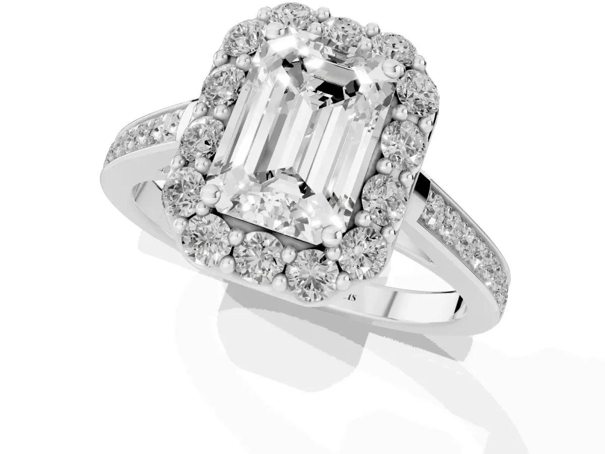 Emerald Cut Diamond Floral Halo Ring with Pavé Band and Prong Setting Platinum