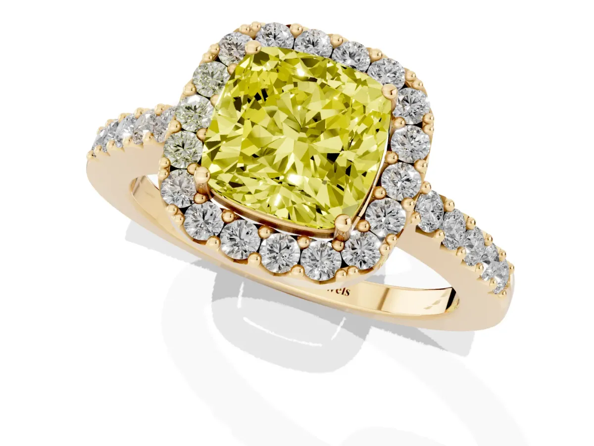 Fancy Yellow Cushion Cut Halo Diamond Pavé Solitaire Ring Yellow gold